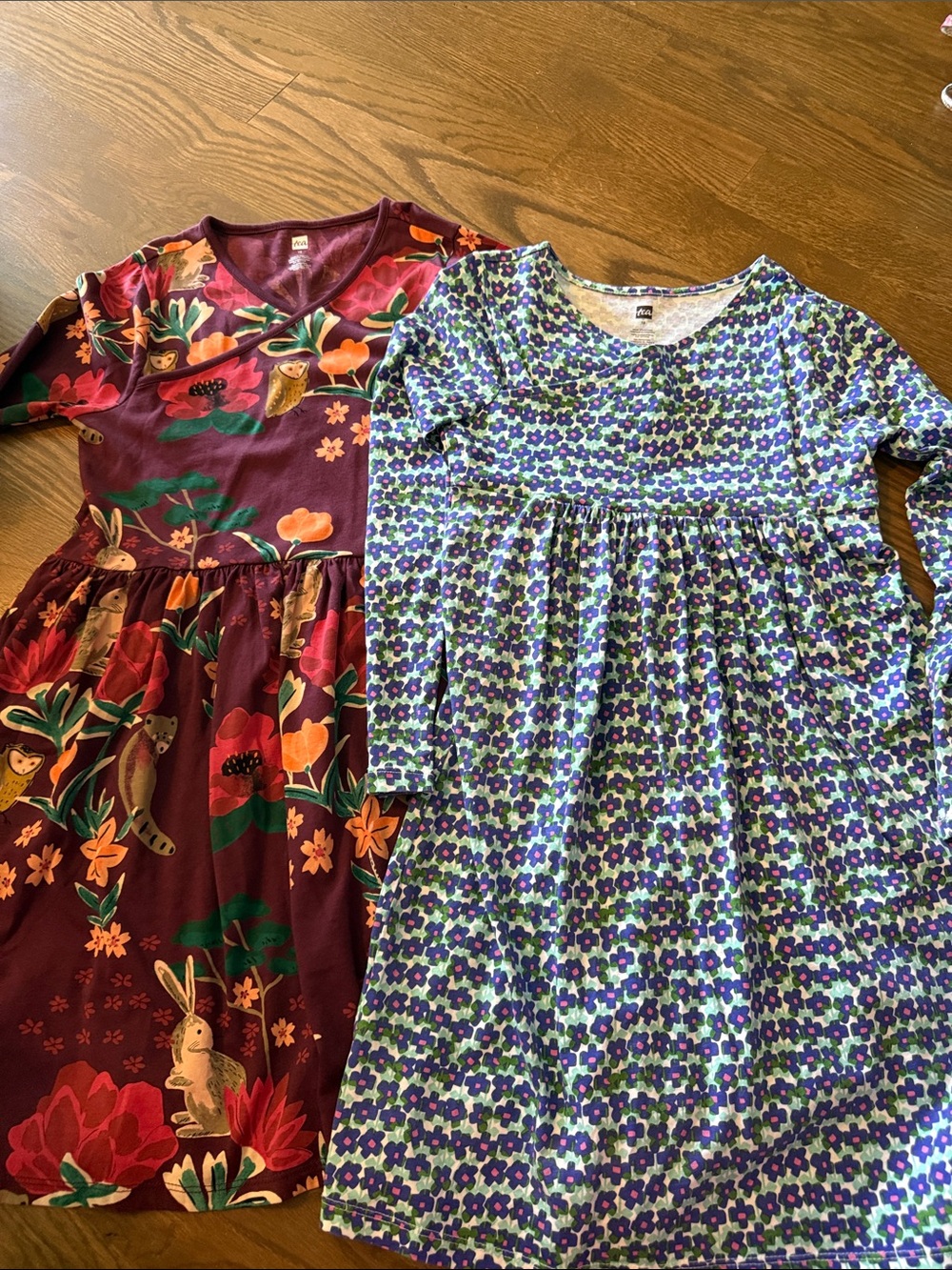 2 Tea Collection Girls' Burgundy Floral & Purple Pattern Knit Dresses size 12